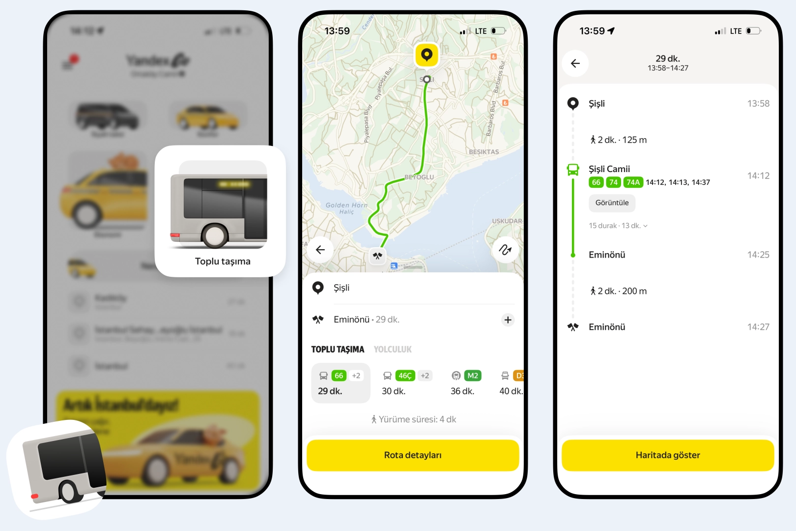 Yandex Go'ya toplu taşıma planlama özelliği