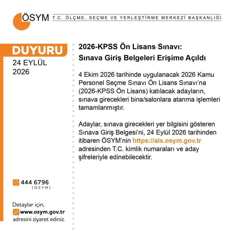 KPSS Ön Lisans sınav giriş belgeleri yayımlandı